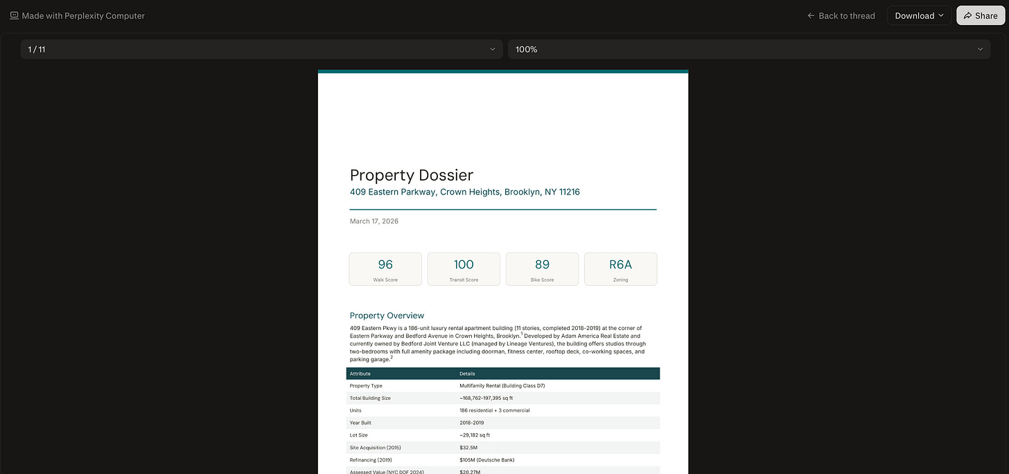 Perplexity Computer property dossier output for 409 Eastern Parkway Brooklyn showing walk score, transit score, bike score, zoning data, and property overview in a formatted PDF report.