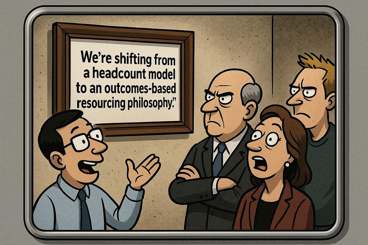 Corporate Jargon Comic: Headcount Model to Outcomes-Based Resourcing Philosophy Corporate Jargon Comic: Headcount Model to Outcomes-Based Resourcing Philosophy