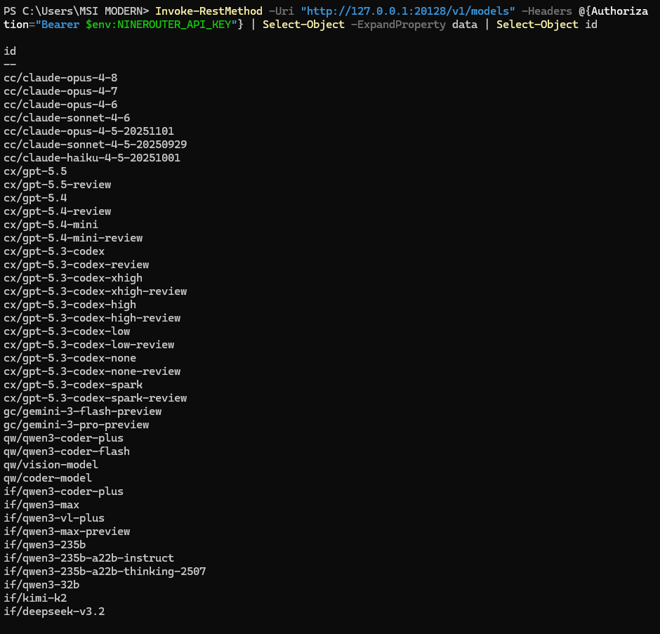 PowerShell output listing model IDs returned by the local 9Router models endpoint. PowerShell output listing model IDs returned by the local 9Router models endpoint.