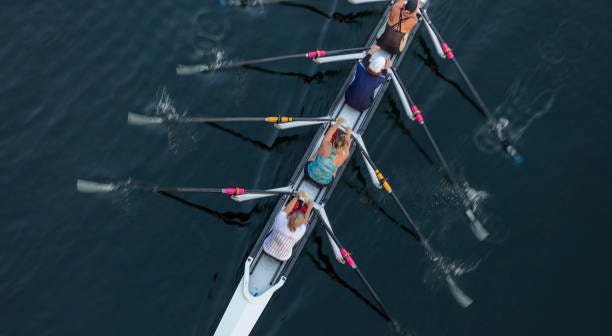 female crew racers rowing, high angle view, lake union, seattle, washington, usa. - rowing team stock pictures, royalty-free photos & images