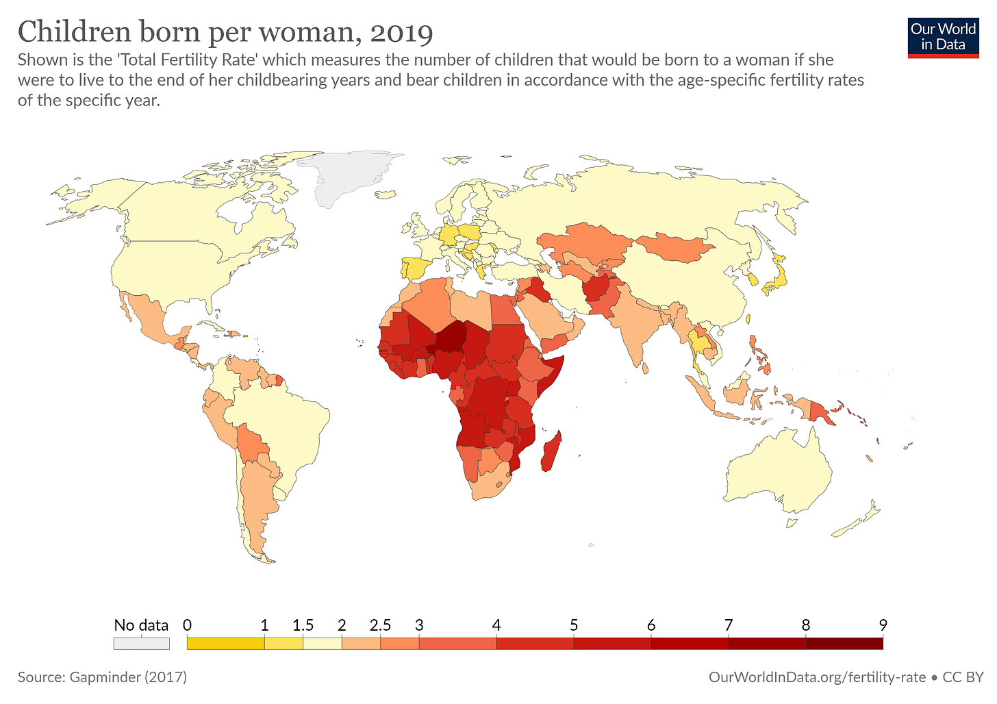 Global map of total fertility rate showing children born per woman in 2019 Global map of total fertility rate showing children born per woman in 2019