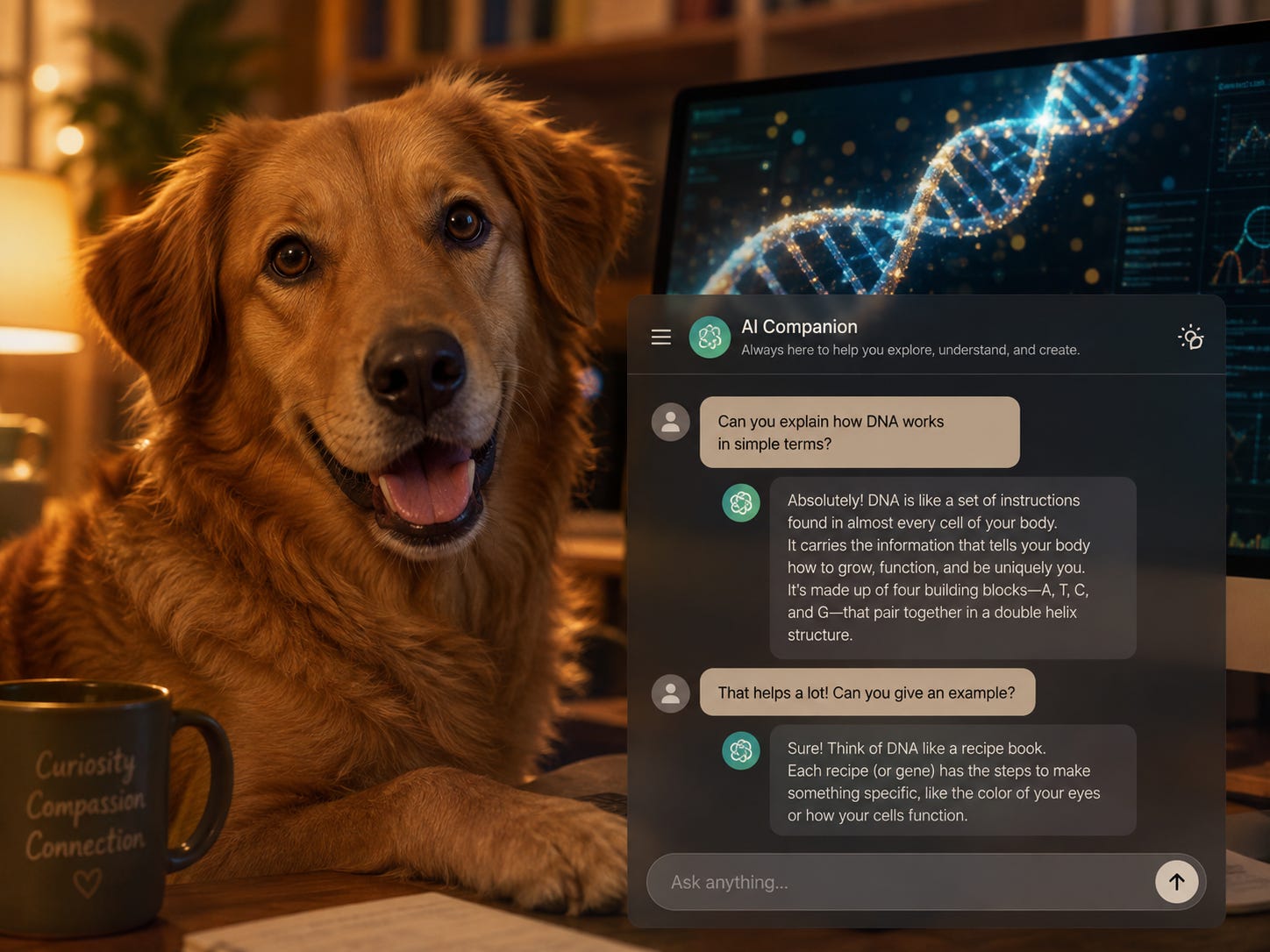 Perro golden retriever junto a una pantalla con una interfaz de IA companion mostrando una explicación de ADN