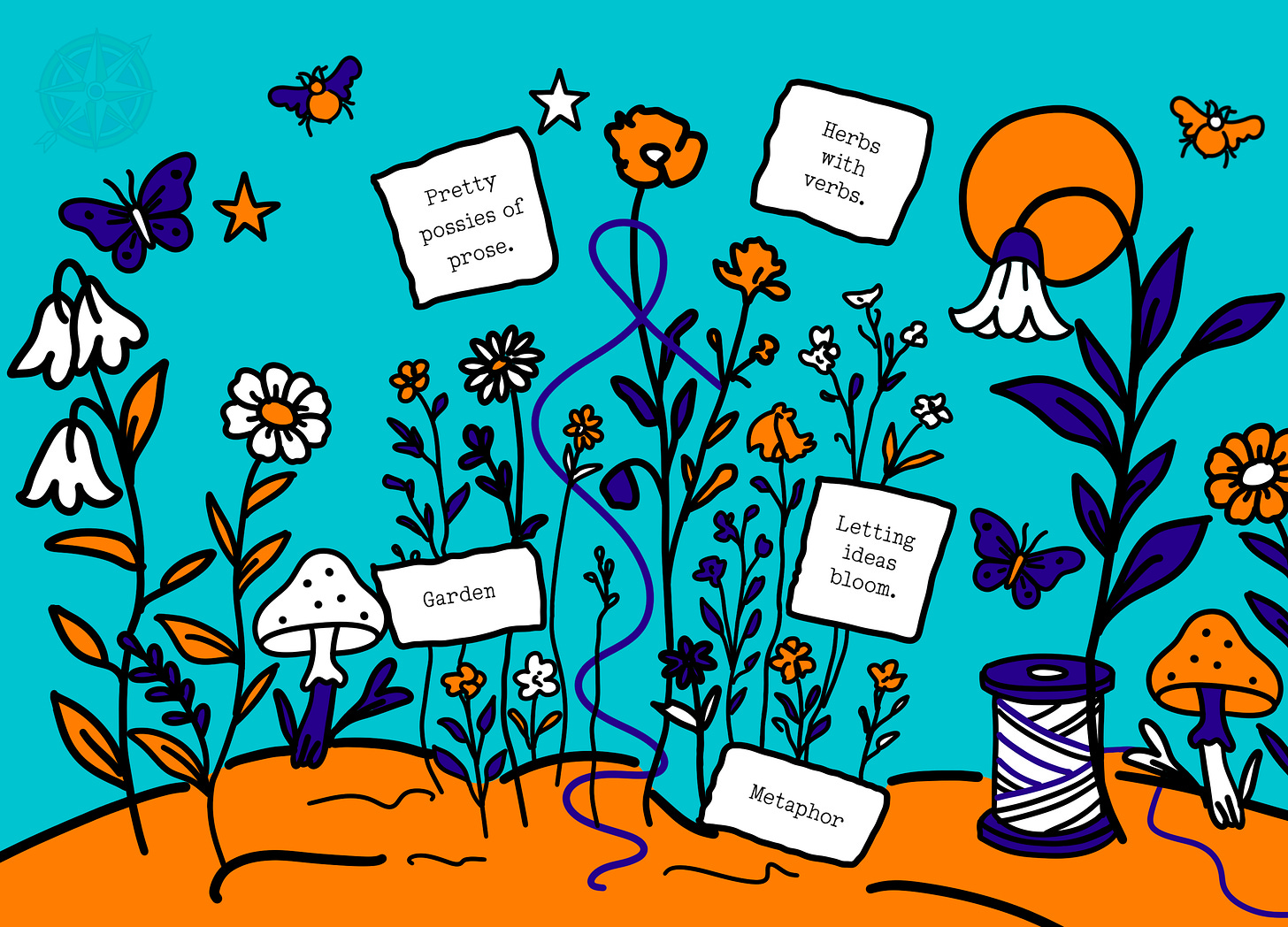 Pop art image of a cartoon garden with flowers and butterflies and a reel of thread weaving through in turquoise, indigo blue and orange with bold black borders and captions of poetry in typewriter typeface.