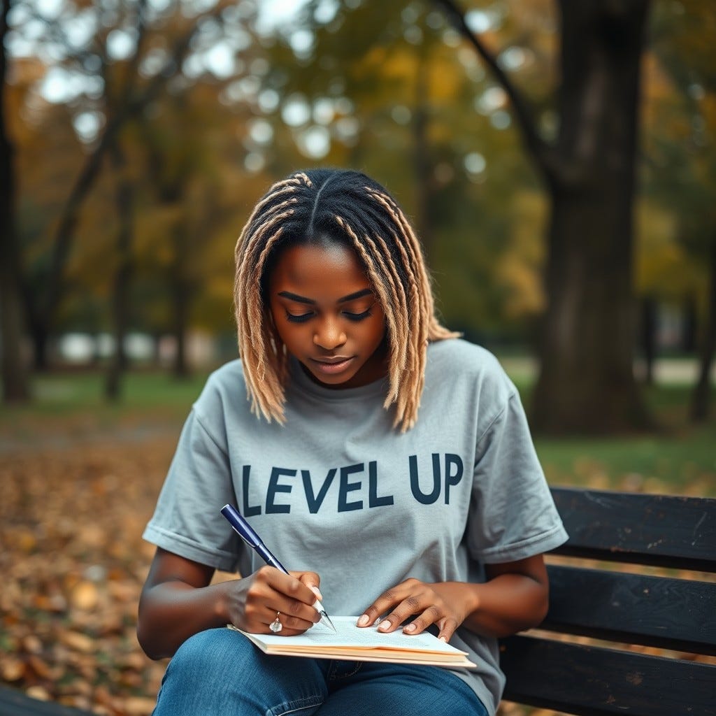Young, youthful African American Woman wearing a quarter length shirt that says "Level Up" with all black and blonde hair writing a letter on first day of fall  in the park writing a letter