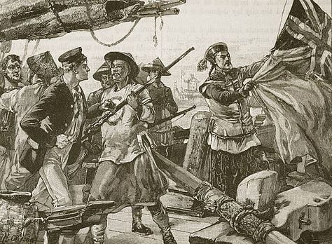 Flor e fruto de Papaver somniferum; Ilustração sobre a guerra do ópio.