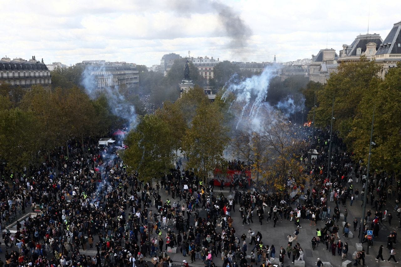 Protesters gather in the Place de la République in Paris on Saturday.