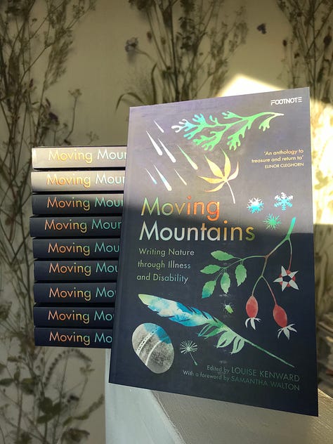three pictures - the box (cardboard box with Penguin Random House written on the side), the front cover of Moving Mountains leaning against a stack of copies, and then the back cover of Moving Mountains - both indigo with brightly coloured writing and objects from the natural world (a feather, a pebble, leaves, seaweed, rain, and snowflakes).