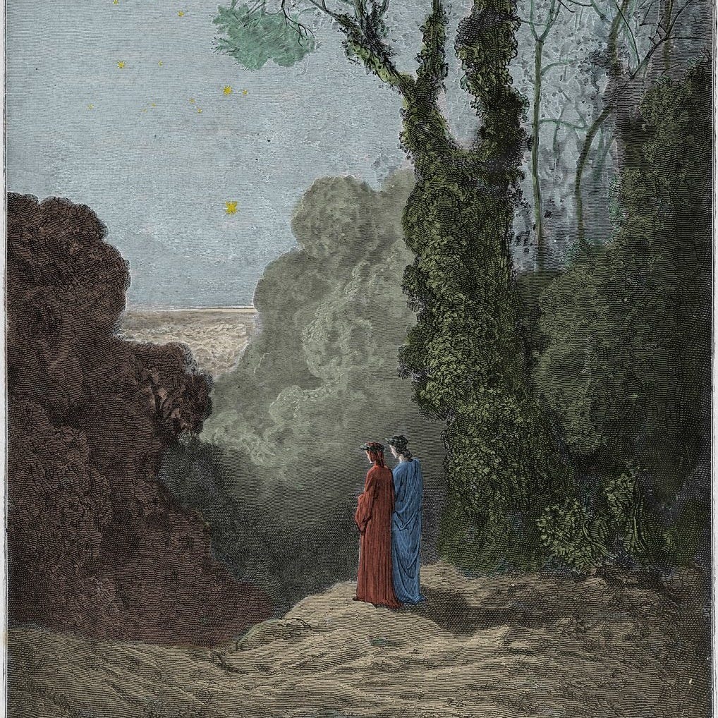 Purgatorio, Canto 1: The poets behold the beauty of Venus in the morning sky (illustration from The Divine Comedy) by Gustave after Dore Purgatorio, Canto 1: The poets behold the beauty of Venus in the morning sky (illustration from The Divine Comedy) by Gustave after Dore