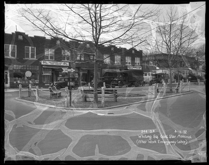 Images show photographs of the Gold Star Memorial on the south end of Whiting Square. In the 1930 photo, the memorial consists of a small circular garden. In the 1932 photo, the memorial also includes three benches facing the garden.