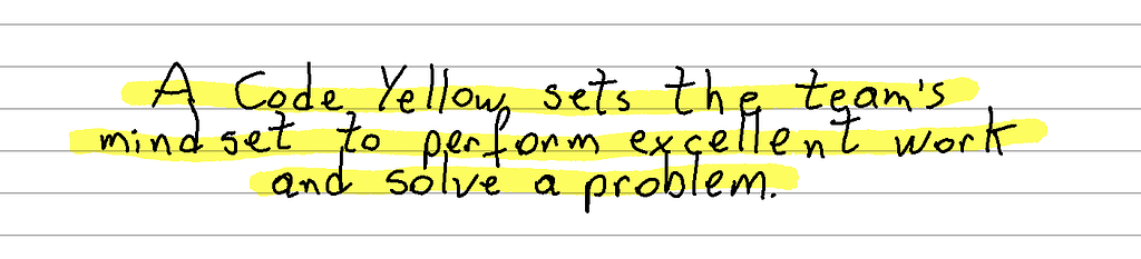 A Code Yellow sets the team’s mindset to perform excellent work and solve a problem.