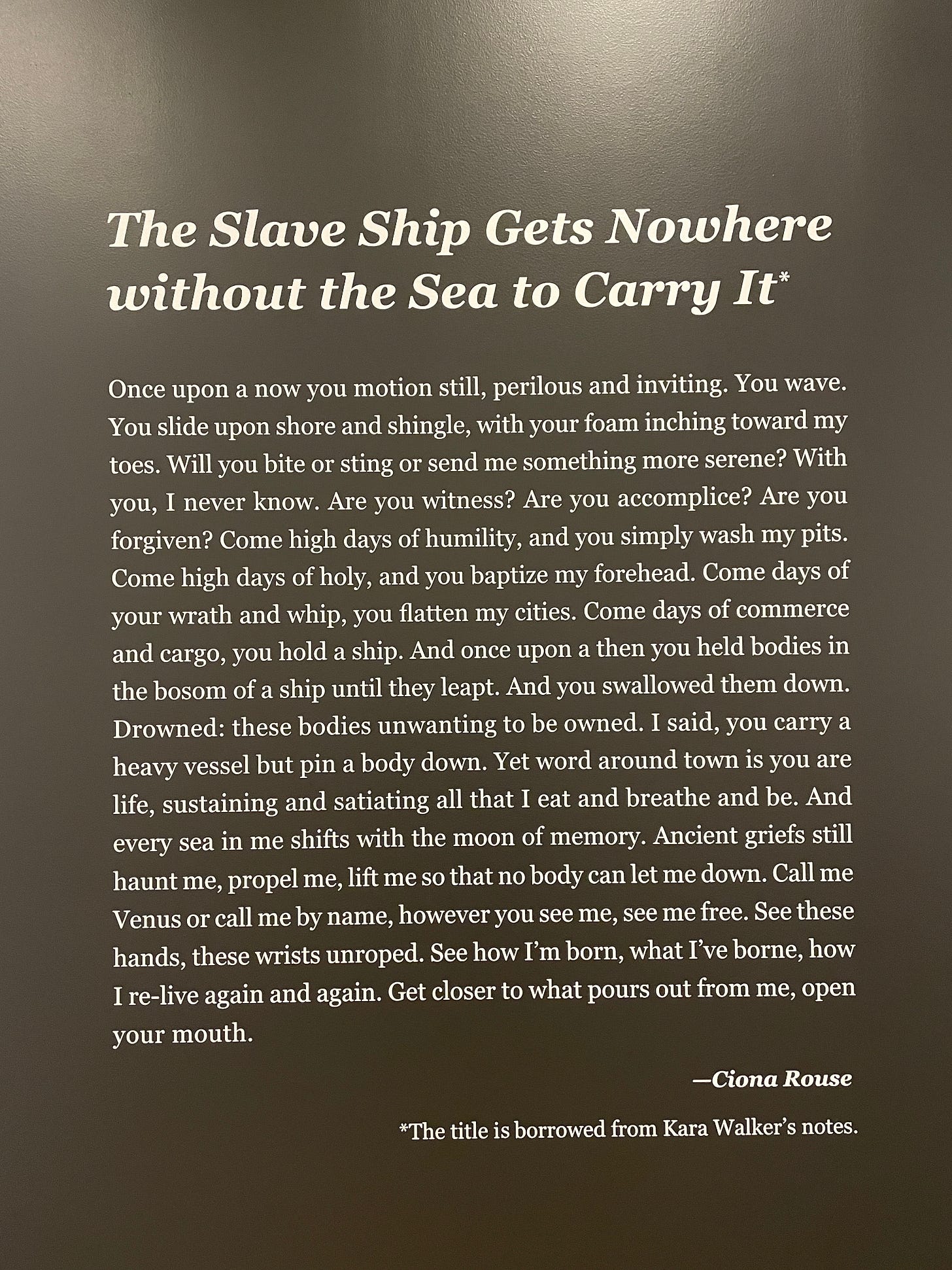 White text on a black wall panel with a short paragraph by Ciona Rouse White text on a black wall panel with a short paragraph by Ciona Rouse