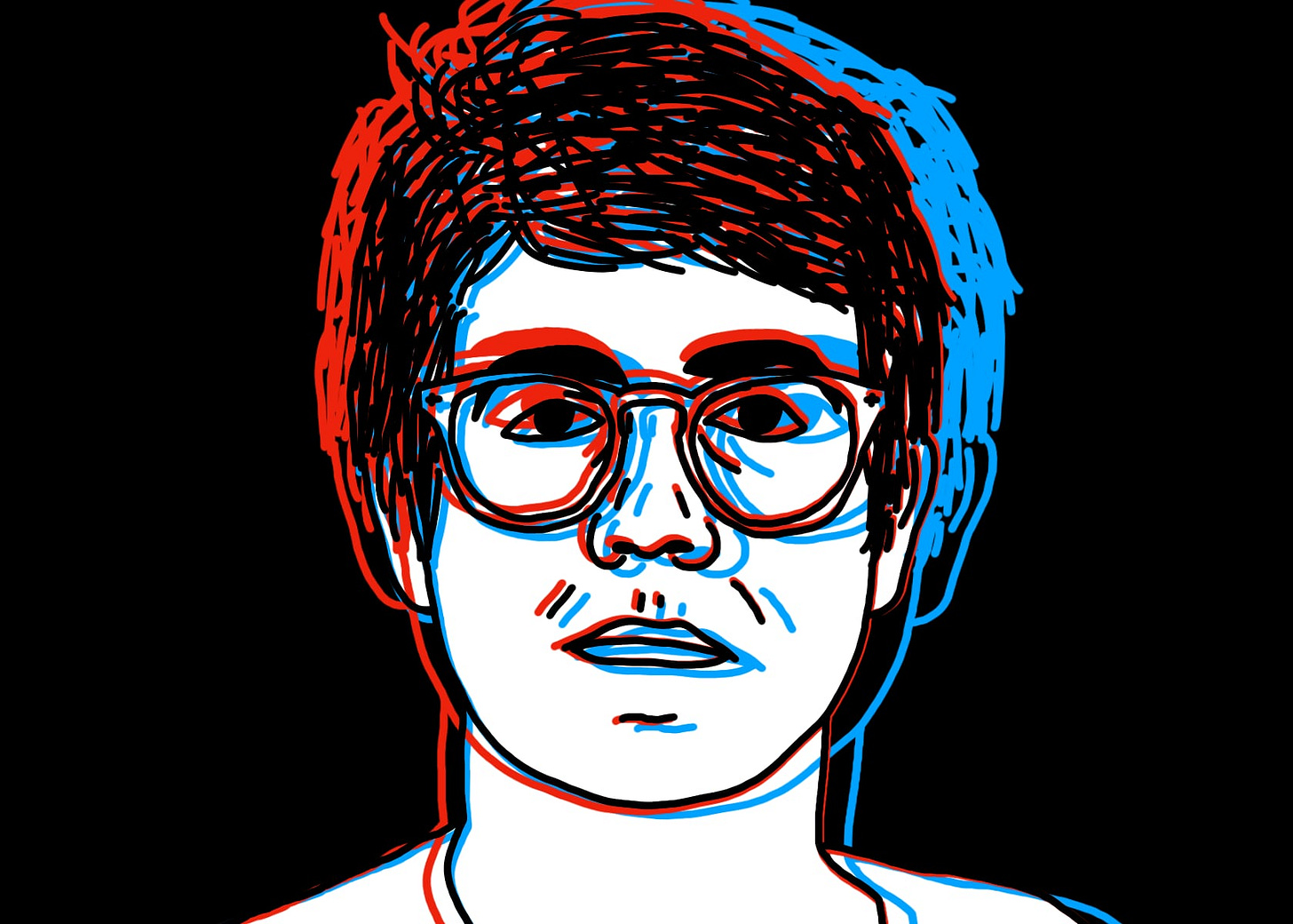 A black line drawing of Alex, the protagonist of "I Hear You Watching." He is white, short messy parted hair, glasses. He stares straight at you, unsmiling. Behind him is a black background, and two skewed copies of his line drawing—one red, one blue—stretching out from behind his head. A black line drawing of Alex, the protagonist of "I Hear You Watching." He is white, short messy parted hair, glasses. He stares straight at you, unsmiling. Behind him is a black background, and two skewed copies of his line drawing—one red, one blue—stretching out from behind his head.