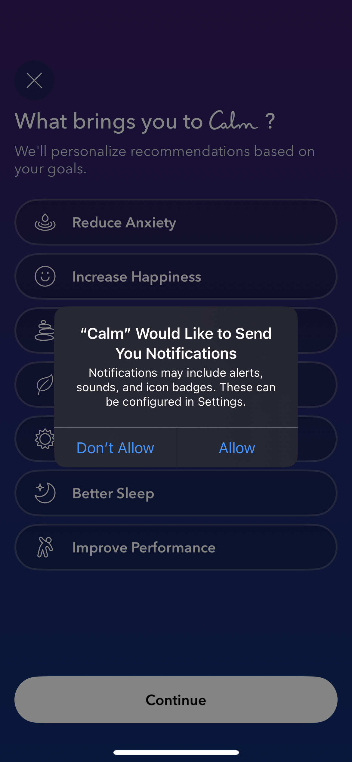 Calm in app notification permission user onboarding