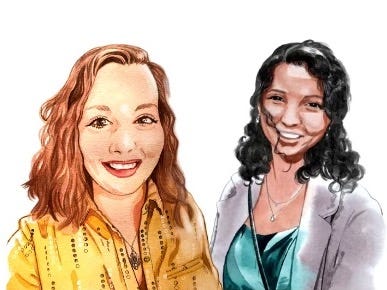 Watercolor portraits of two women smiling; the woman on the left has a light complexion and light brown hair and the woman on the right has a warmer complexion and dark brown wavy hair