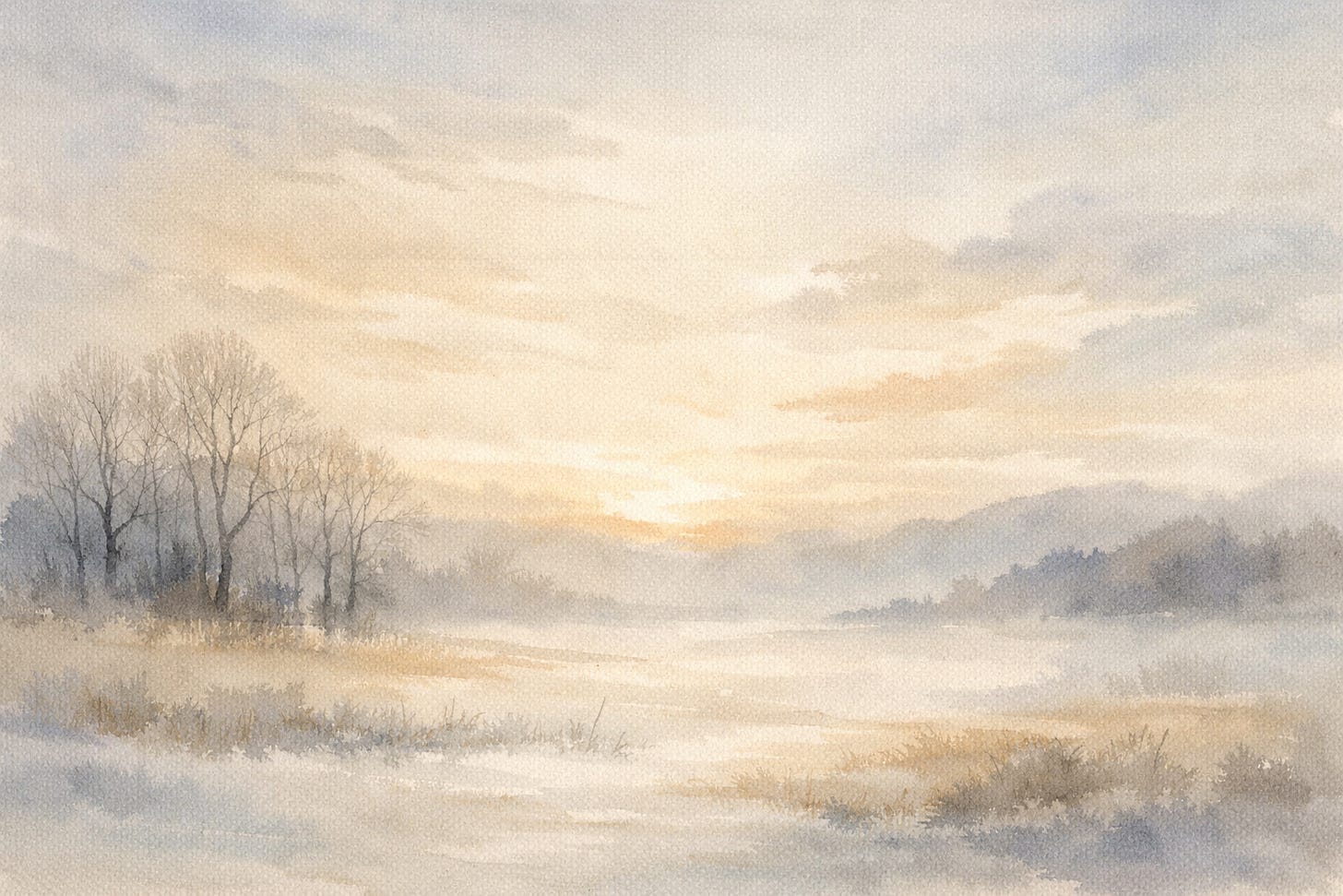 Soft watercolor landscape of a misty winter field at sunrise, with bare trees and gentle light, symbolizing moving forward with quiet steadiness and reflection. Soft watercolor landscape of a misty winter field at sunrise, with bare trees and gentle light, symbolizing moving forward with quiet steadiness and reflection.