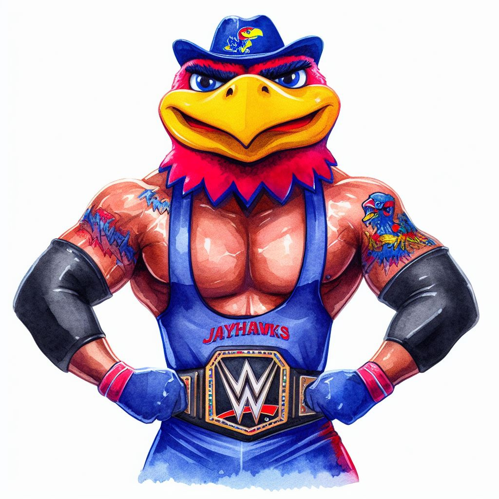 Kansas Jayhawks mascot as a WWE wrestler, watercolor