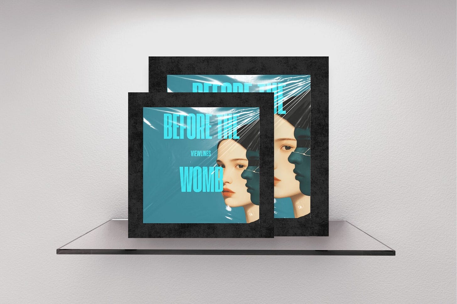 Two staggered magazine covers with thick textured black borders on a gallery shelf. The front cover features a teal background with a portrait of a woman looking left, her expression stoic. A dark green profile shadow silhouette layers over the left side of her face. Tall typography reading "BEFORE THE WOMB" overlays the image. Part of the Viewlines series at The Subtext Review.