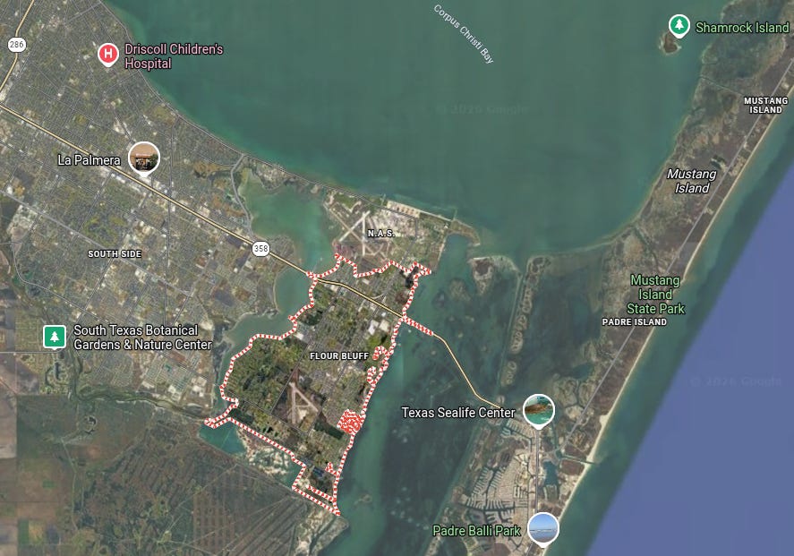 The arrest occurred at a boat ramp in Flour Bluff, Texas, just South of the Corpus Christi Naval Air Station (Google Maps Image)