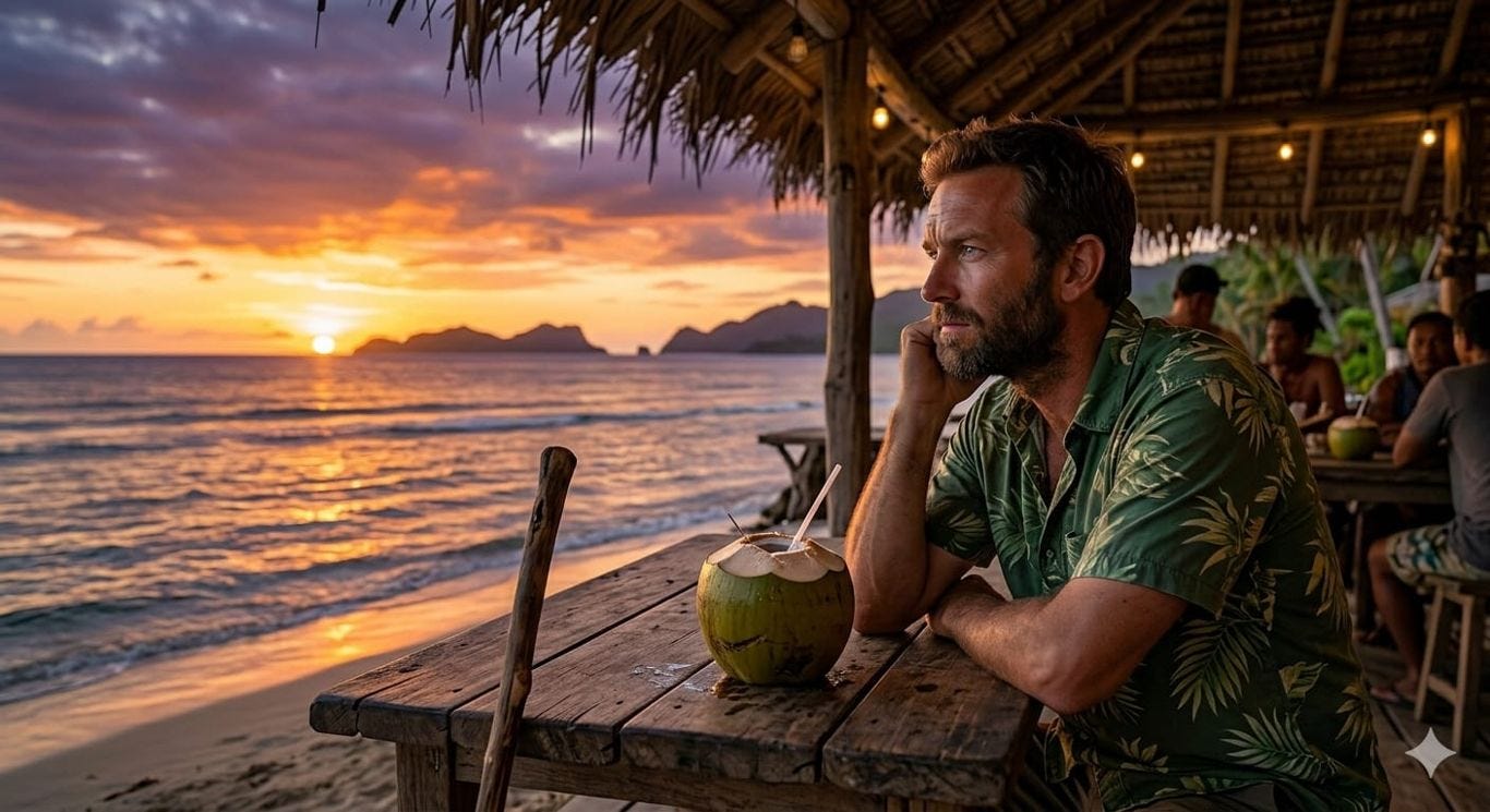 A man with a beard and a green shirt sits alone at a wooden table in a rustic beach tavern at sunset. He is resting his chin on his hand and looking thoughtfully out at the ocean, with a fresh coconut water drink in front of him.