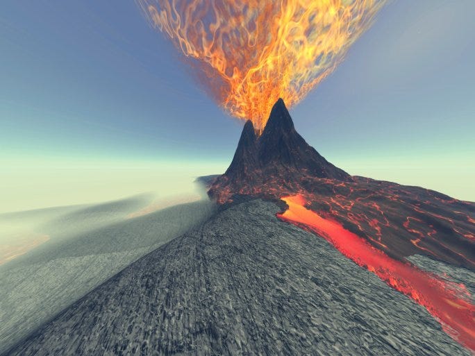 Volcanic eruption with dramatic lava flow and fiery plume against sky.