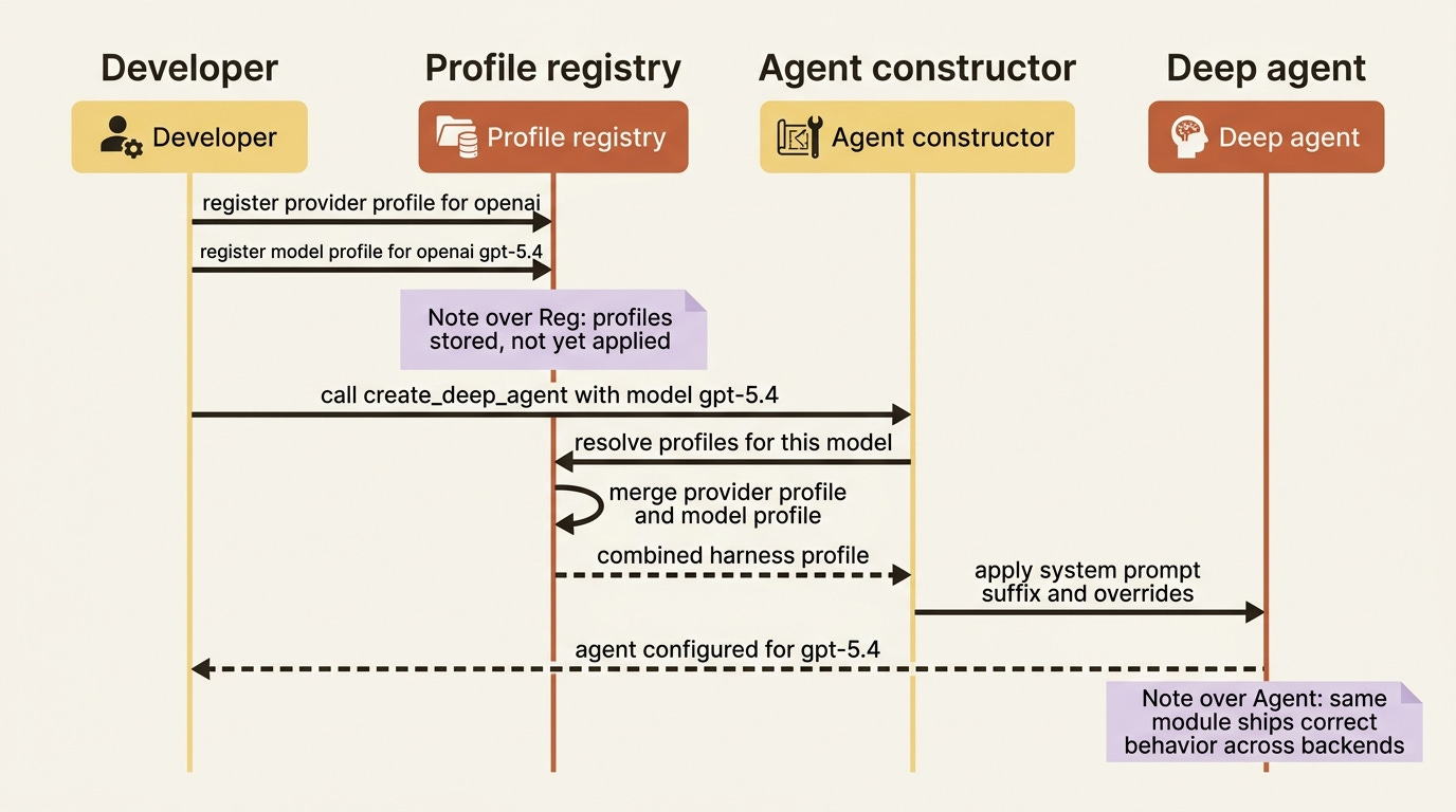 How a harness profile resolves: a provider-level profile and a model-level profile merge, then create_deep_agent applies the result automatically.