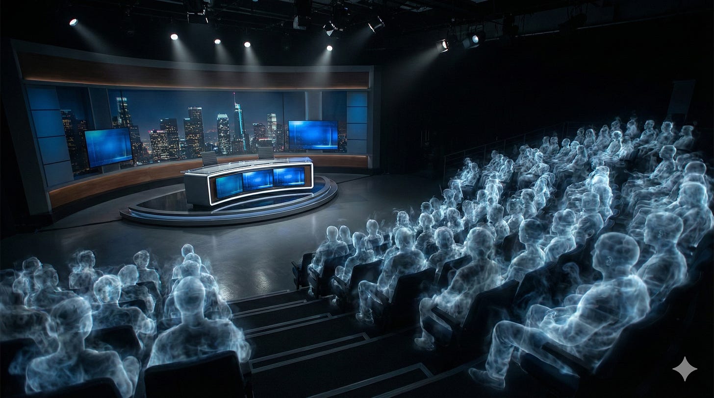 A conceptual illustration showing a brightly lit news desk facing an audience of translucent, ghostly figures, representing the "ghost market" of viewers.