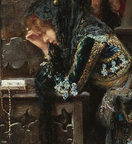 This may contain: a painting of a woman sitting at a table in front of a mirror with her head down