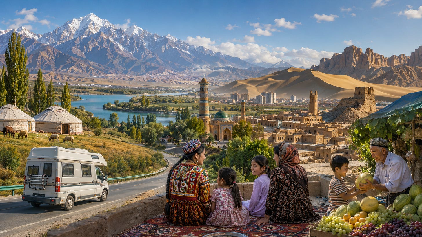Illustration panoramique montrant un paysage du Xinjiang. Au premier plan, une famille et des habitants sont assis sur un tapis près d’un étal de fruits, tandis qu’un marchand tend un melon à un enfant. À gauche, un camping-car roule sur une route bordée de peupliers, près de yourtes installées dans une prairie. À l’arrière-plan se succèdent un lac bleu, une ville-oasis aux minarets et bâtiments en terre, des dunes de sable et de hautes montagnes enneigées, évoquant la diversité des paysages et des cultures de la région.