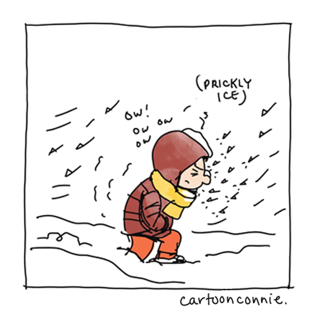 Panel 4 of a 6-panel diary comic about seeing New Yorkers help each other in a snowstorm. Titled "Diary of a Snow Day," original art by Connie Sun, cartoonconnie, 2026.