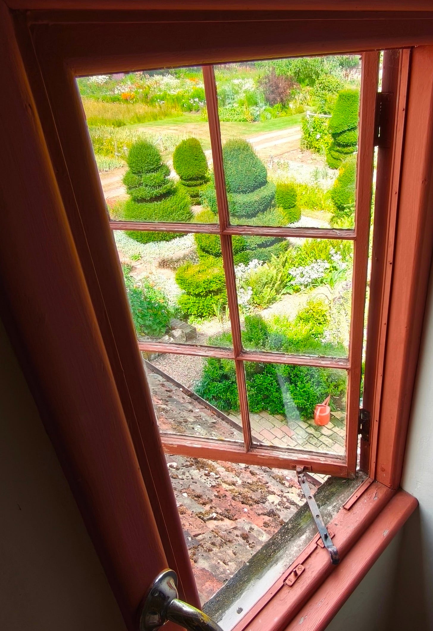 View of the garden topiary from the Manor, Hemingford Grey