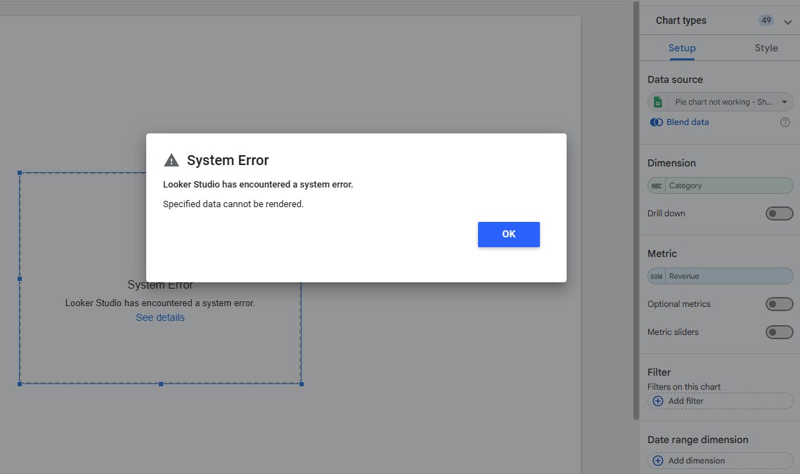 How to fix pie chart with error: specified data cannot be rendered in ...