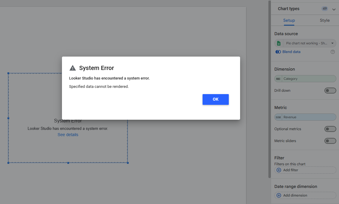 looker studio bible how to fix pie chart with error specified data cannot be rendered in Looker Studio looker studio bible how to fix pie chart with error specified data cannot be rendered in Looker Studio