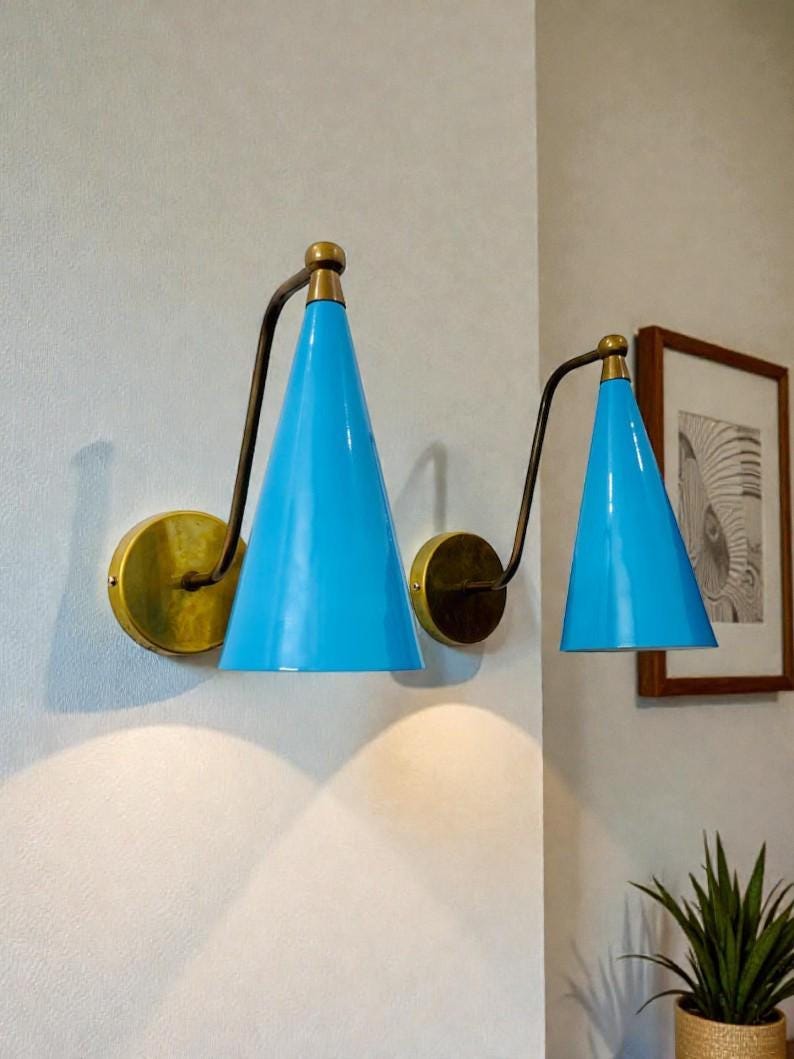 Brass Cone Wall Sconce - Mid Century Italian Diabolo Style - Set of Two image 1 Brass Cone Wall Sconce - Mid Century Italian Diabolo Style - Set of Two image 1