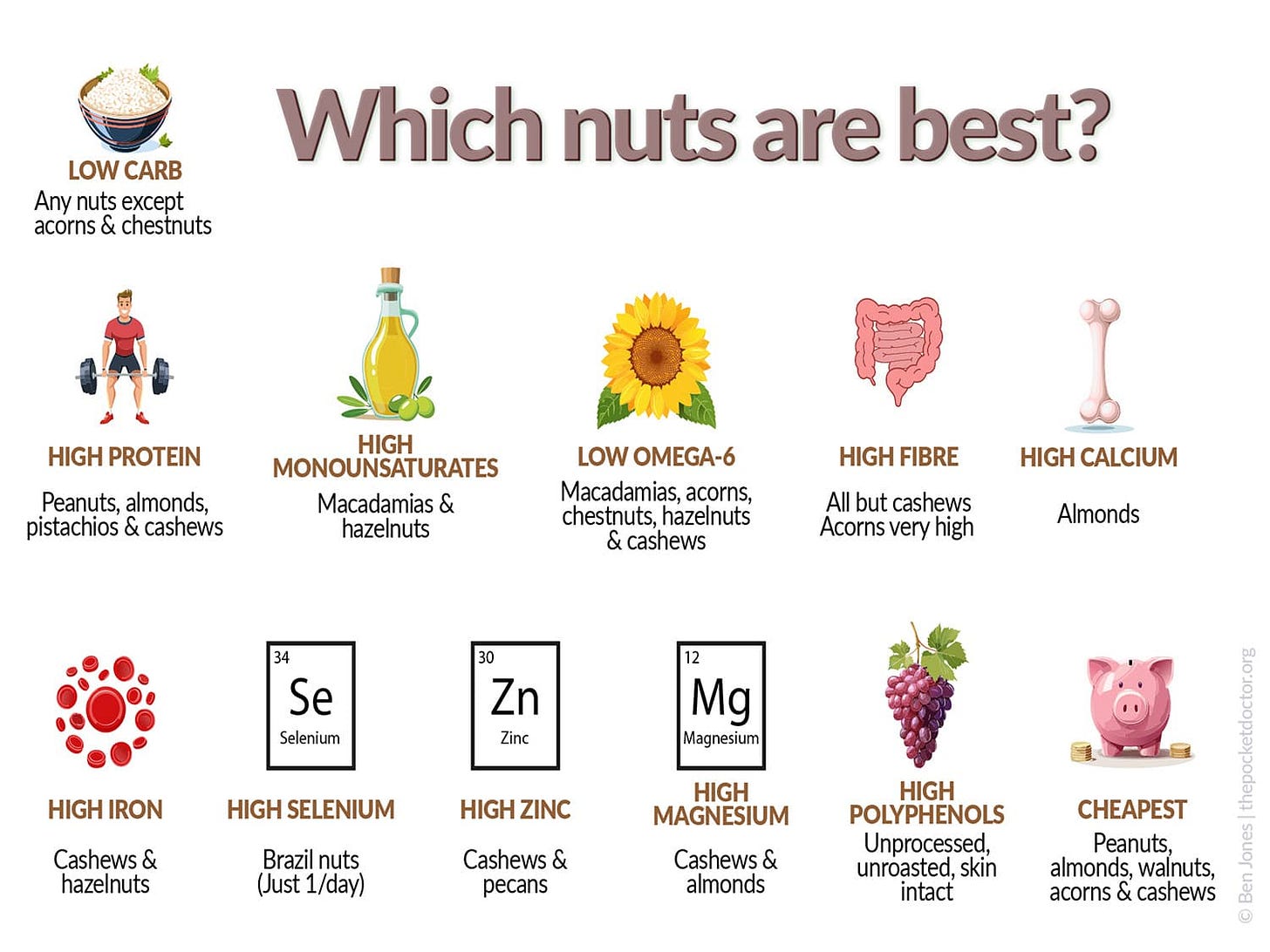 An infographic illustrating the best nut choices for various desired objectives.