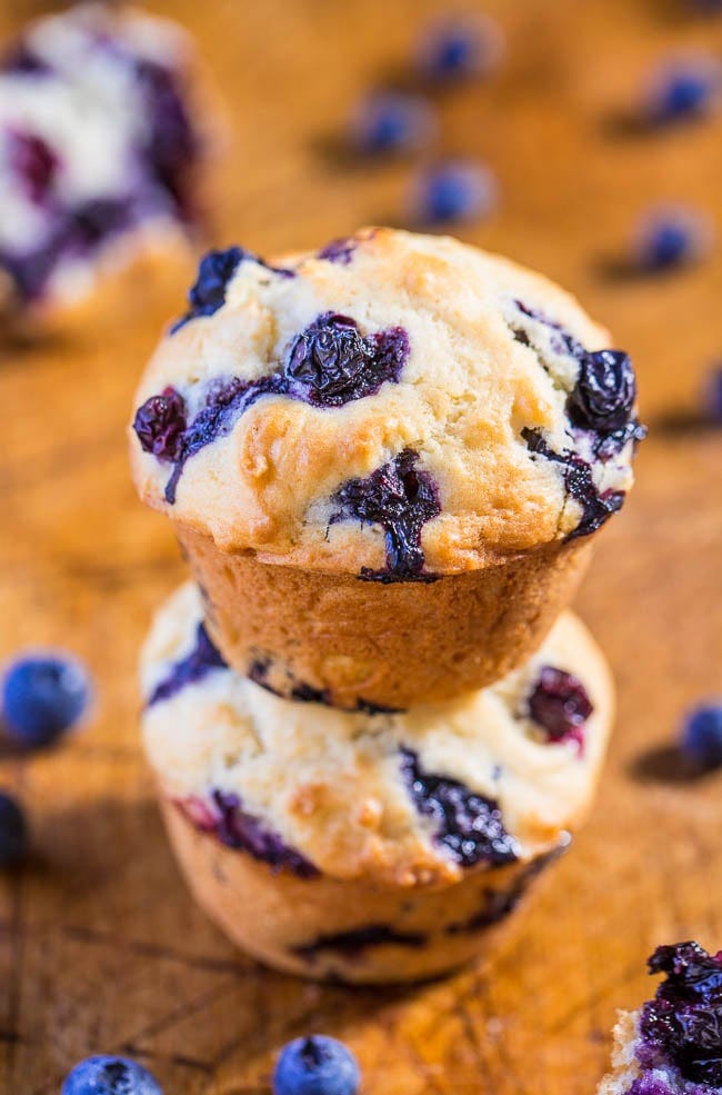 Two healthy blueberry muffins on top of each other. Two healthy blueberry muffins on top of each other.