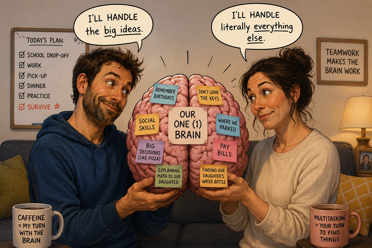 couple holding a brain together with sticky notes. couple holding a brain together with sticky notes.