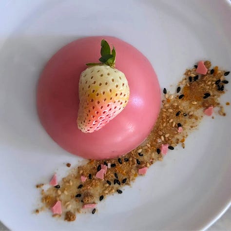 An assortment of desserts topped with dessert furikake, including a close-up of the mix itself, ice cream with caramel drizzle, strawberry mousse cake, sweet potato tart, and grilled peaches with ice cream.