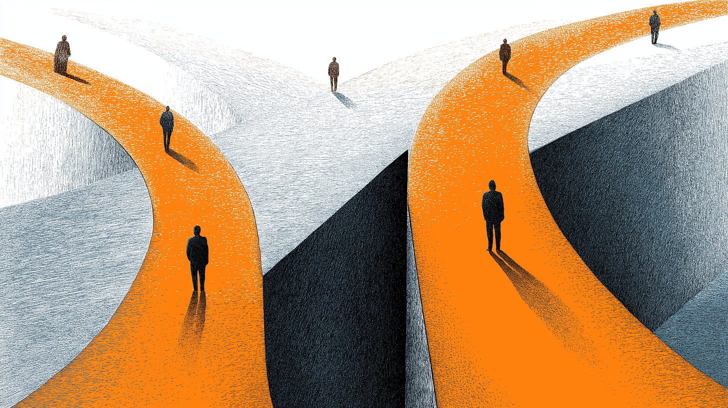 Editorial illustration showing a single narrow pathway hitting a solid wall then forking into three wider ascending routes, each with figures beckoning from the openings, representing how one organizational rejection creates multiple competing market opportunities Editorial illustration showing a single narrow pathway hitting a solid wall then forking into three wider ascending routes, each with figures beckoning from the openings, representing how one organizational rejection creates multiple competing market opportunities