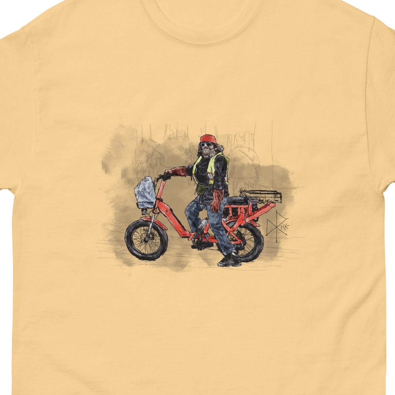 A bearded man waits for the light to change, while seated on a moped-style electric bike. Sketch art by Don Rice. A bearded man waits for the light to change, while seated on a moped-style electric bike. Sketch art by Don Rice.