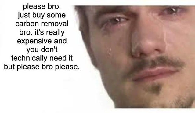 A close-up of a crying man beside the text "please bro. just buy some carbon removal bro. it's really expensive and you don't technically need it but please bro please."