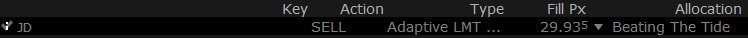 Interactive Brokers trade ticket showing a SELL order for JD.com (JD), documenting the exit from the JD investment thesis deep dive.