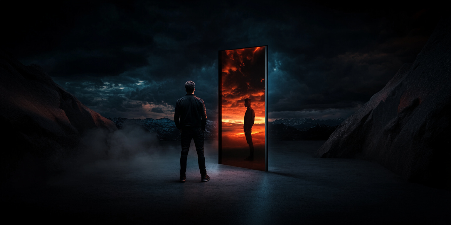 A person standing in front of a mirror, but instead of showing their reflection, the mirror reveals their true inner self - half of the mirror shows a calm, poised facade, while the other half reveals the authentic emotional reality beneath. 