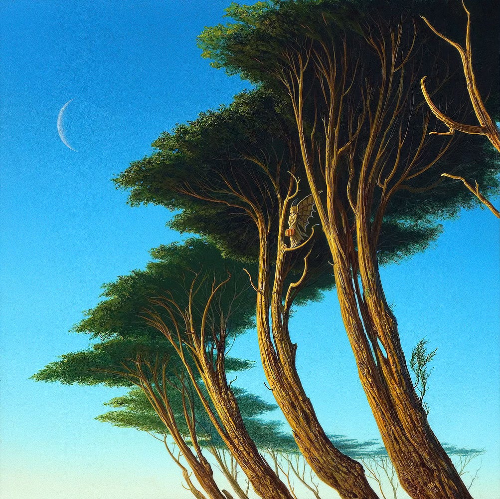 The viewer is drawn into a low angle view from the underside of a wide crescent of trees. Bare trunks bathed in golden light lean toward an unseen sun setting low off-panel to the left. The play of light on bark illuminates rich texture, defined in detail by soft shadow. Thinning branches rise and spread like the delta of a river to support flat treetops that stand dark green against clear azure sky. Blending among the upper branches, a female holds a suitcase, clasping it by the handle with both hands. Pensively she stares off, posed as if waiting for a ride. The line of her eyes extends from nearby branches to an inward facing sliver of chalky moon. On her back flare wings that seem constructed rather than natural. Secured with leather straps crossing her chest, the wings flare out revealing a webbing of wooden supports underneath to lend structure. The viewer is drawn into a low angle view from the underside of a wide crescent of trees. Bare trunks bathed in golden light lean toward an unseen sun setting low off-panel to the left. The play of light on bark illuminates rich texture, defined in detail by soft shadow. Thinning branches rise and spread like the delta of a river to support flat treetops that stand dark green against clear azure sky. Blending among the upper branches, a female holds a suitcase, clasping it by the handle with both hands. Pensively she stares off, posed as if waiting for a ride. The line of her eyes extends from nearby branches to an inward facing sliver of chalky moon. On her back flare wings that seem constructed rather than natural. Secured with leather straps crossing her chest, the wings flare out revealing a webbing of wooden supports underneath to lend structure.