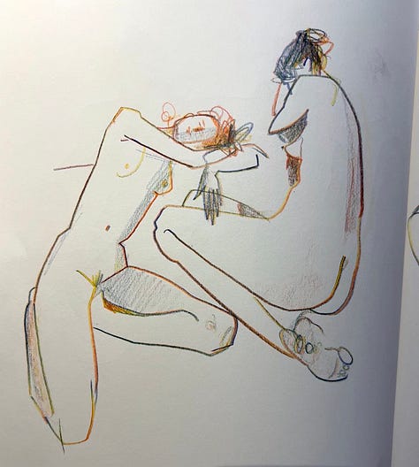 Multicolour pencil drawing of life models