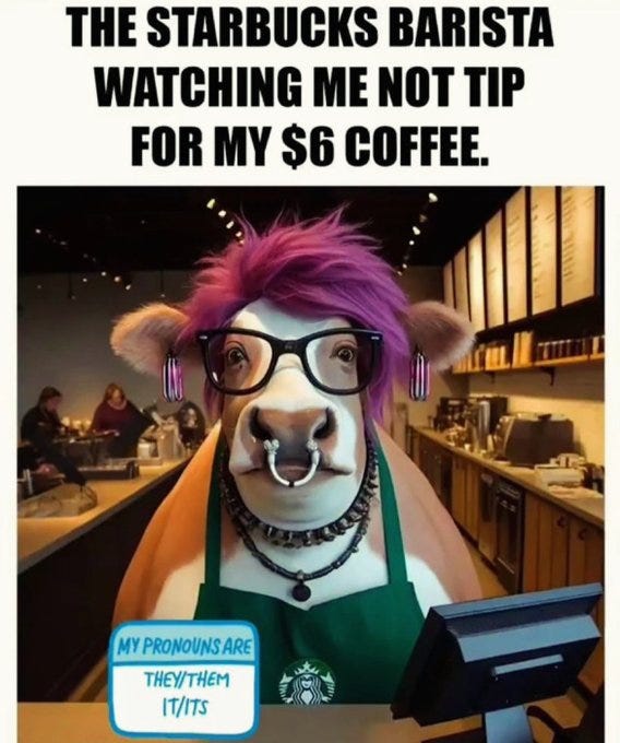 A cow with purple hair, glasses, a nose ring, and a choker, wearing a green apron with a Starbucks logo and a name tag reading "My pronouns are they/them 17/17." The cow stands behind a counter in a Starbucks store, with coffee equipment and a menu board visible in the background.