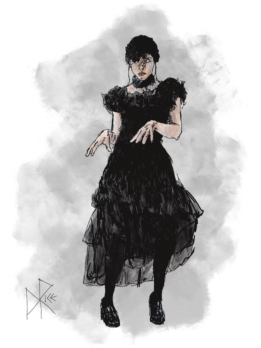 Jenna Ortega as Wednesday Addams, zombie dancing while wearing a black ballgown. Sketch art by Don Rice. Jenna Ortega as Wednesday Addams, zombie dancing while wearing a black ballgown. Sketch art by Don Rice.