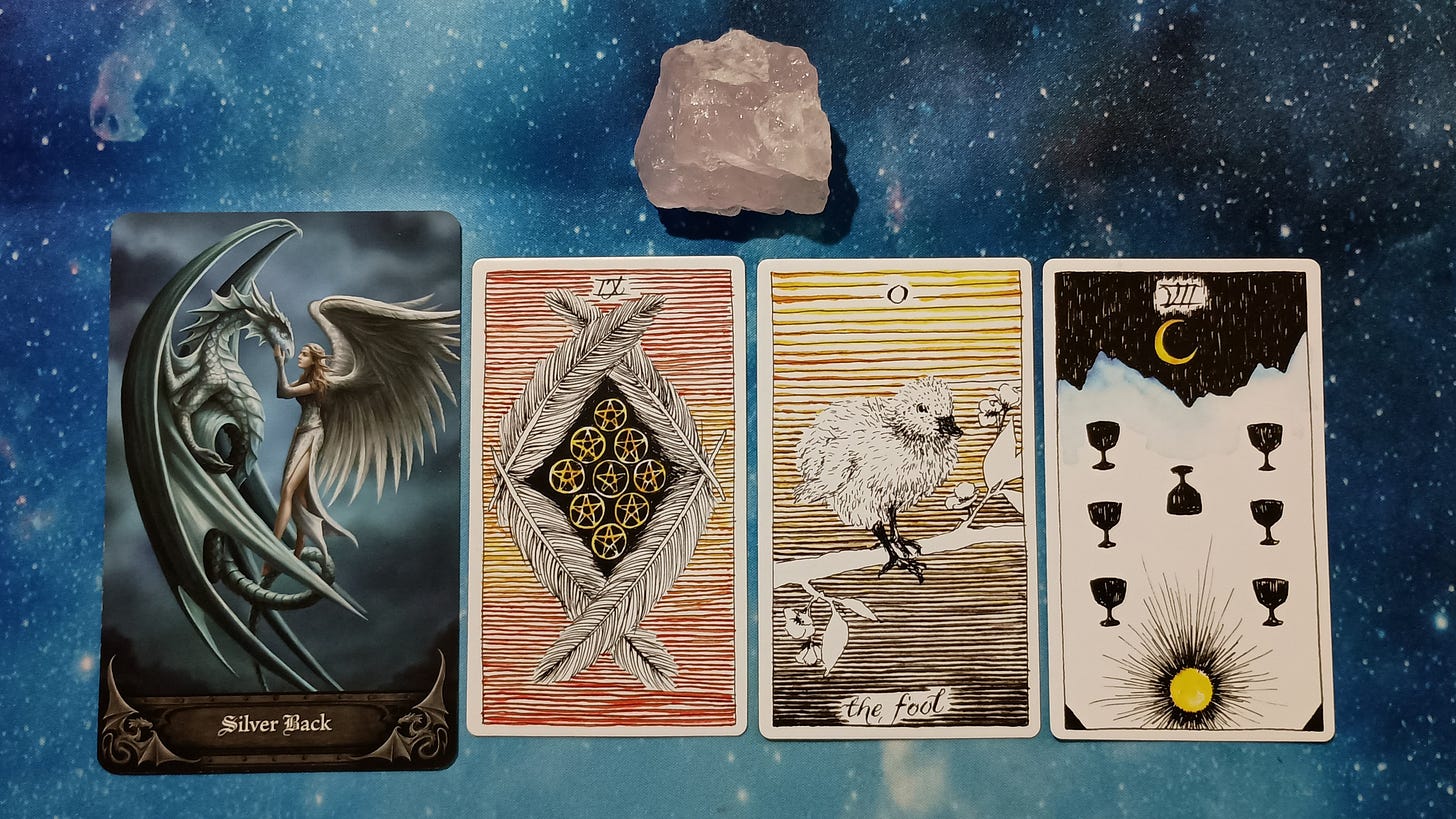Full Moon Magic: Your August 2025 Pick-a-Card Tarot Reading, Pile 1, Rose Quartz crystal, and 4 cards, face up Full Moon Magic: Your August 2025 Pick-a-Card Tarot Reading, Pile 1, Rose Quartz crystal, and 4 cards, face up