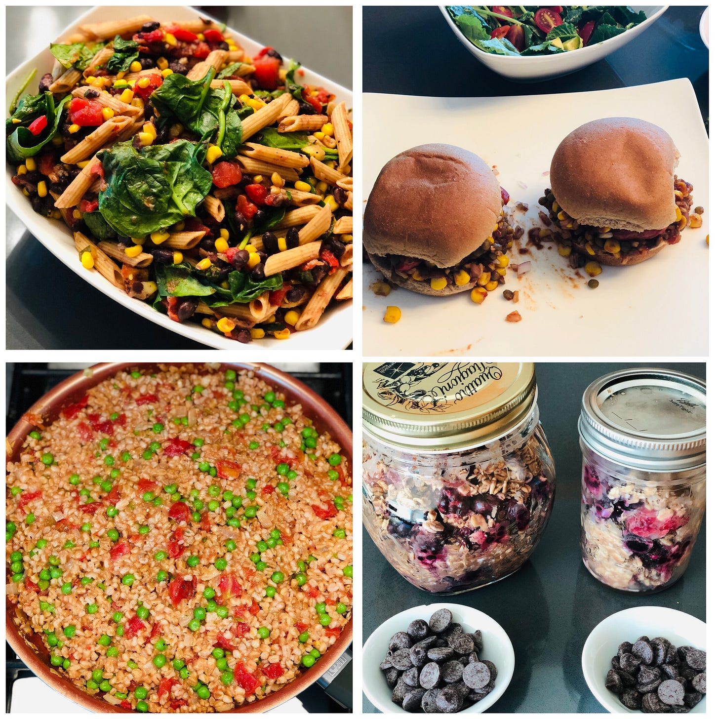 Top Left: Santa Fe No Oil Pasta, Bottom Left: Farro Paella, Top Right: Lentil Sloppy Joes, Bottom Right: Overnight Oats