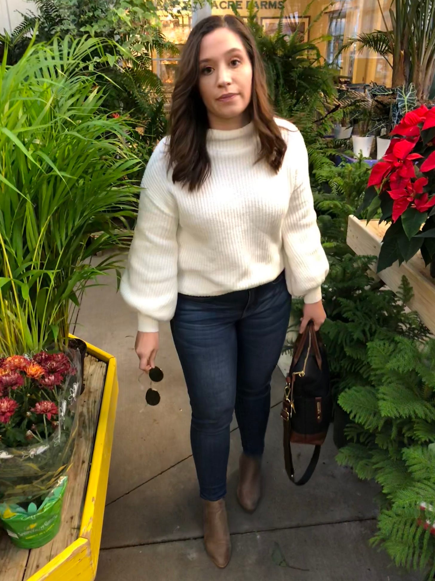 How to Style Statement Sleeves, Cream sweater outfit, r riveter otto outfit, blogger outfits