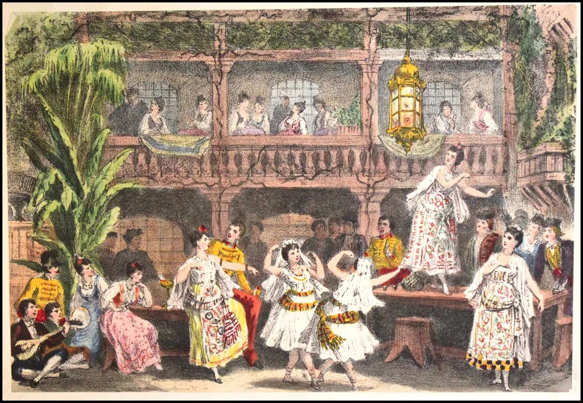 Auguste Lamy’s lithograph of Act 2 showing a woman dancing on a table, surrounded by other women and soldiers